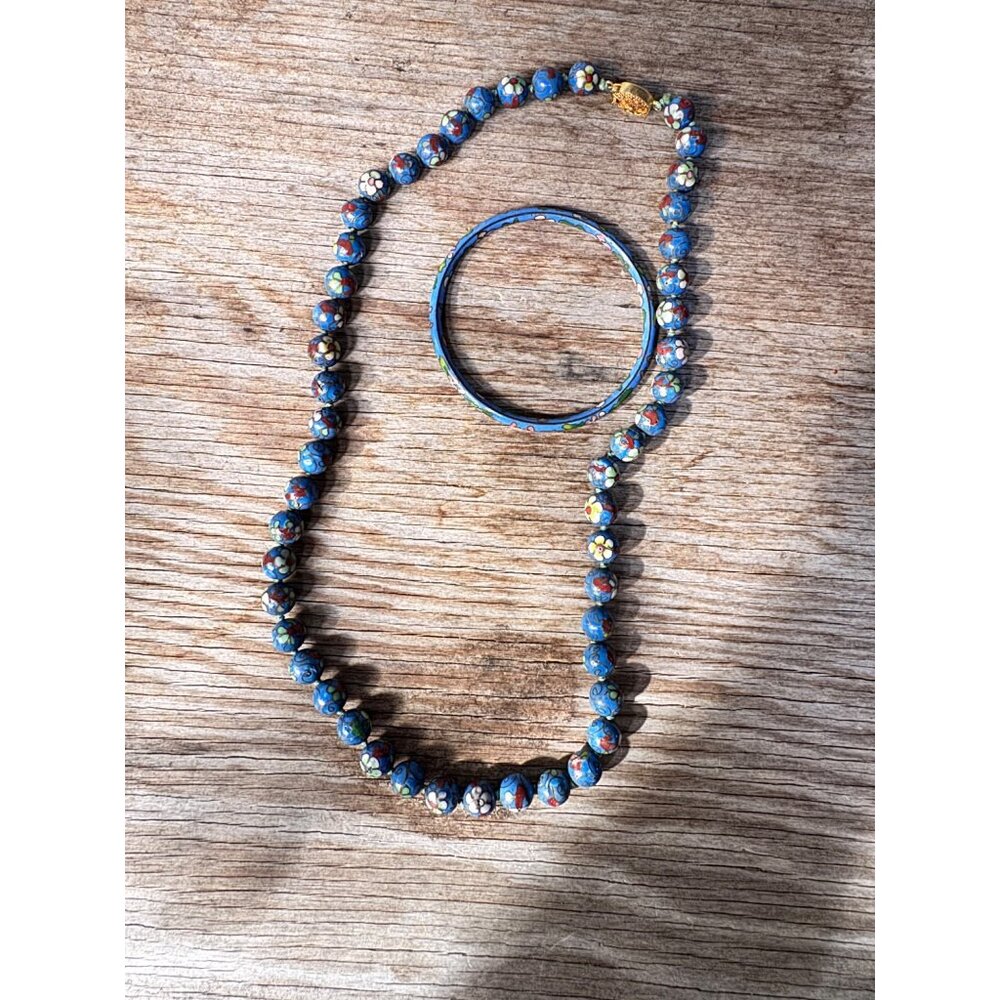 Vintage Cloisonné Necklace & Bangle Set – Blue Floral Enamel